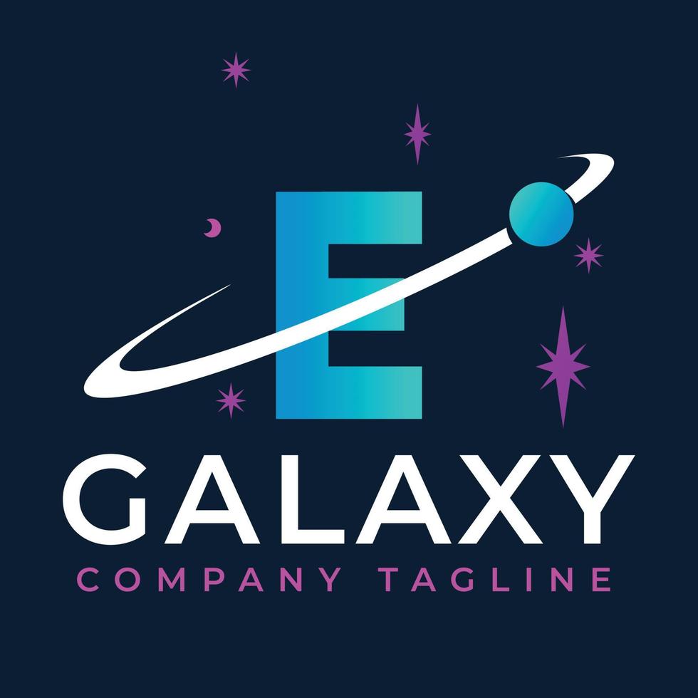 galaxie modèle sur e lettre. planète logo conception concept vecteur