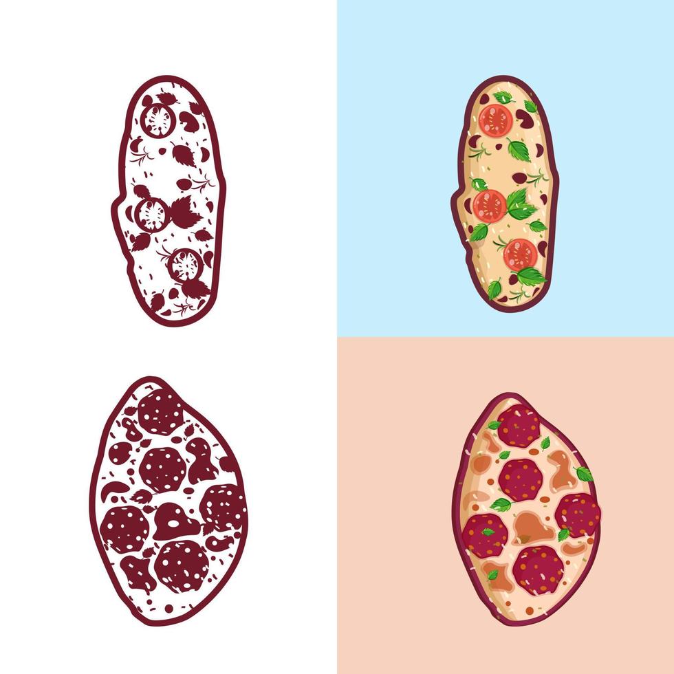 Créatif pain Pizza des illustrations vecteur ensemble légume délicieux tomates feuille Viande cuisine assiette isolé dessiner élément et icône.