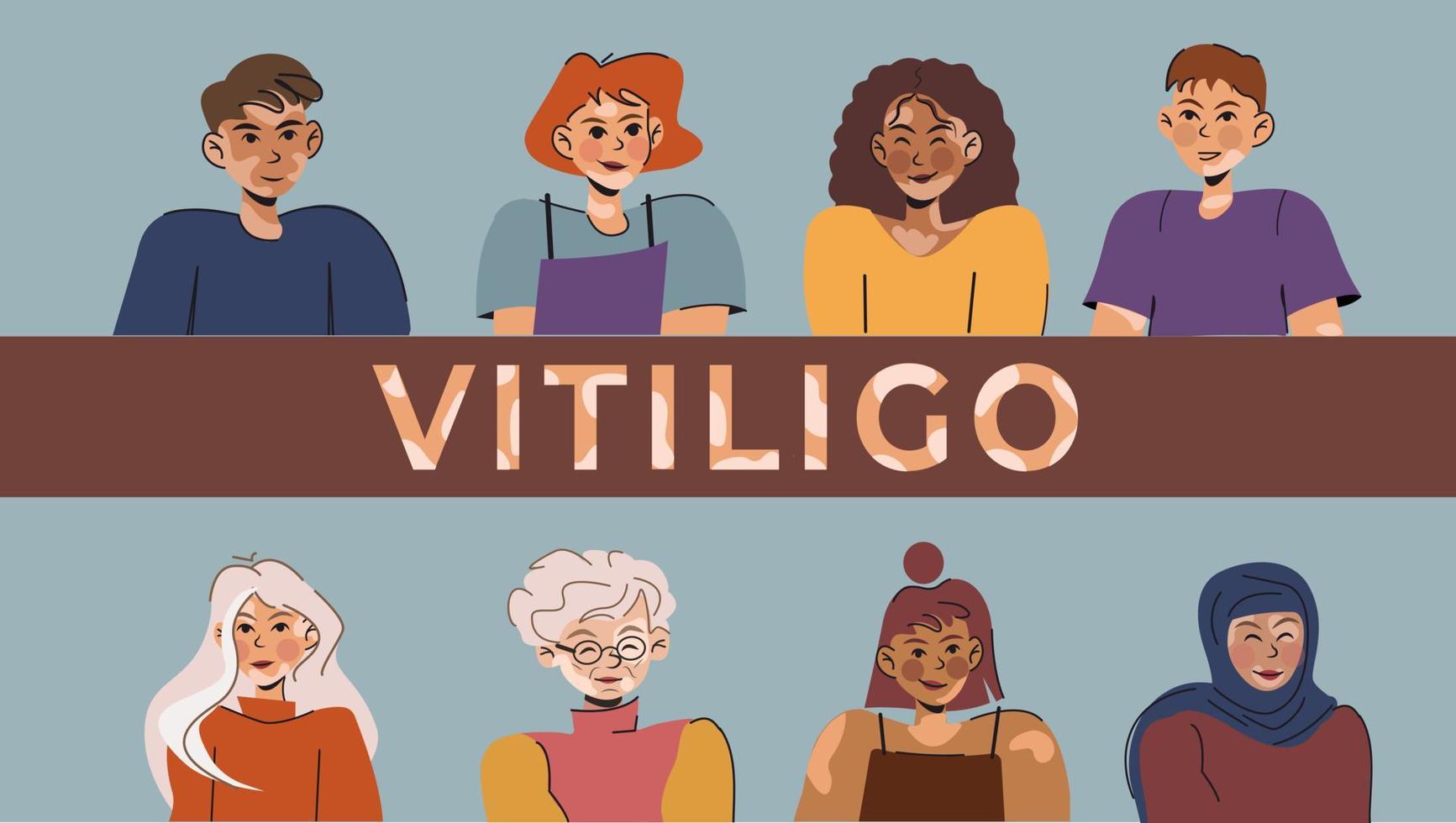 différent gens avec vitiligo. l'amour toi-même. bannière avec femmes et Hommes de différent nationalités sur une bleu Contexte vecteur