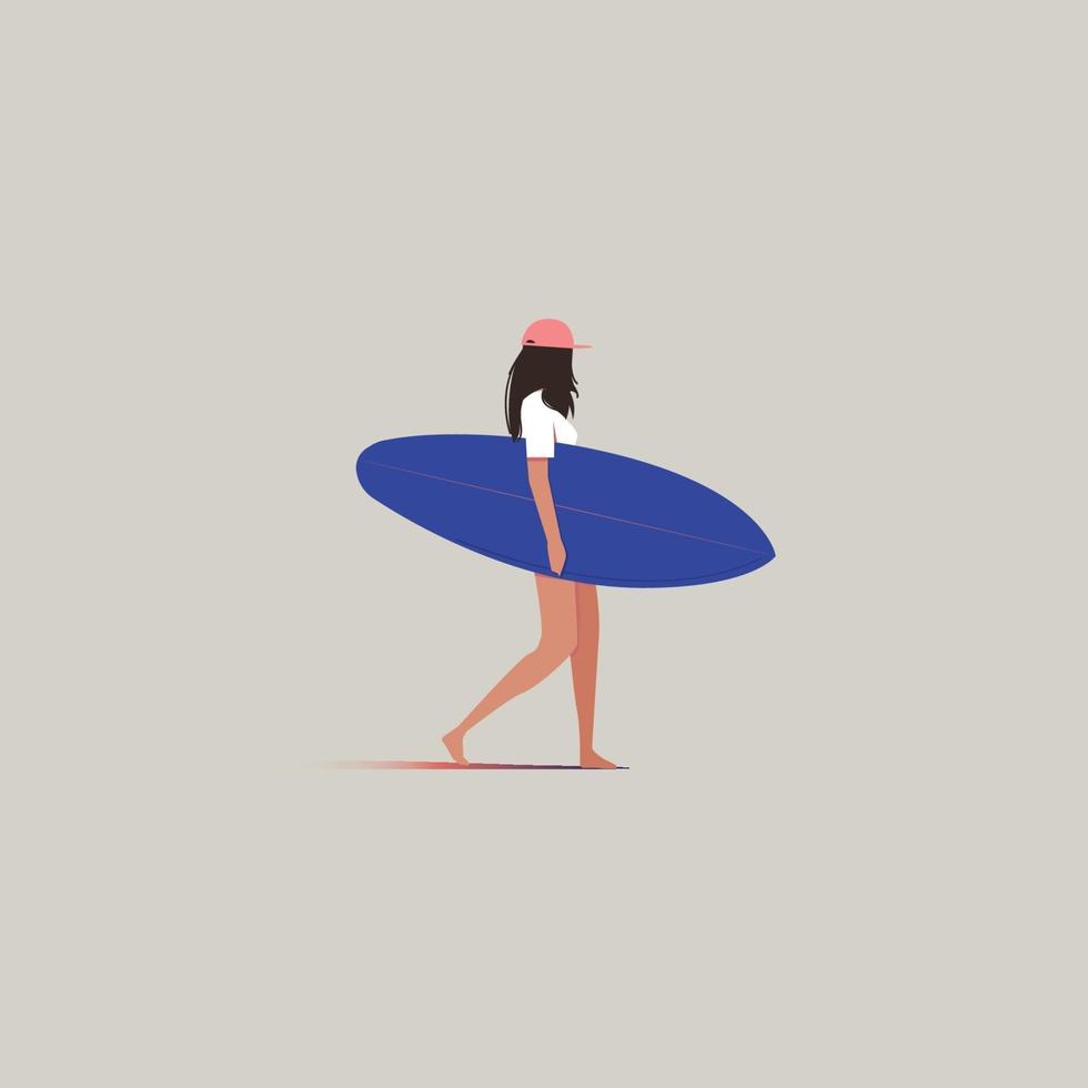 surf girl holding planche de surf vecteur