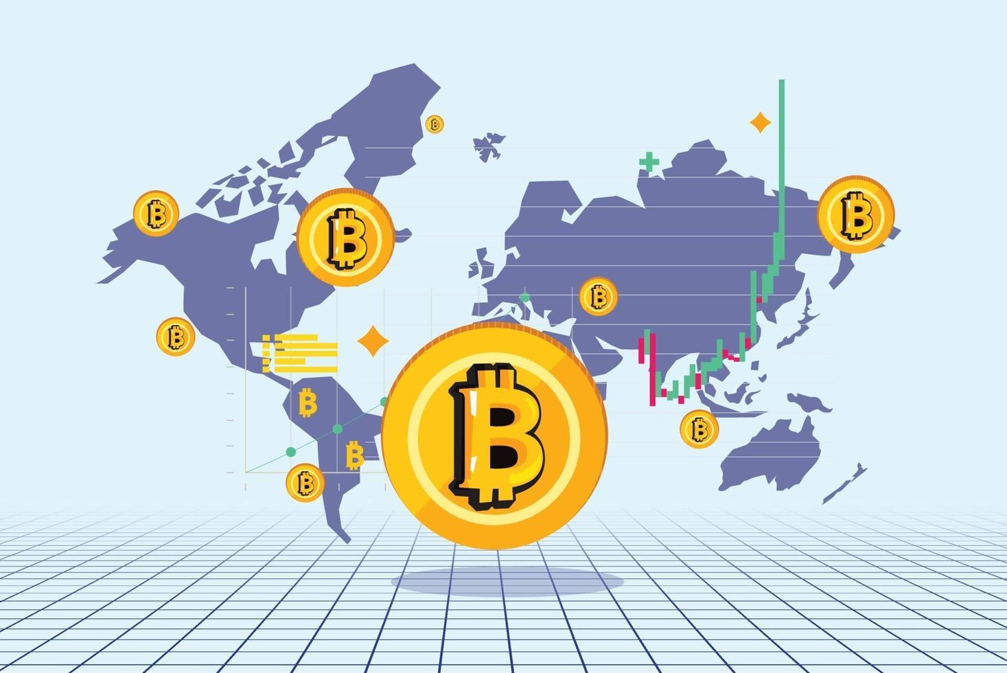 Bitcoin avec carte du monde en arrière-plan. concept de crypto-monnaie vecteur