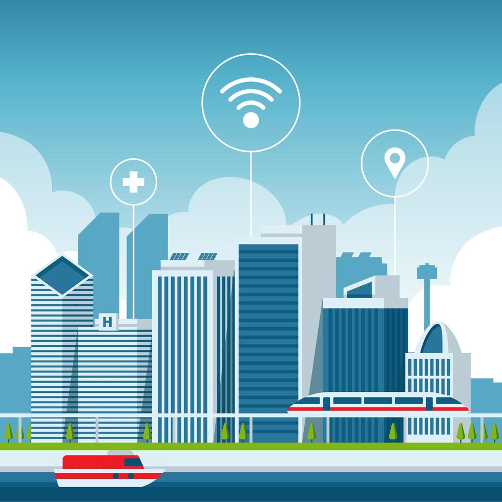paysage de smartcity avec icône de la technologie vecteur