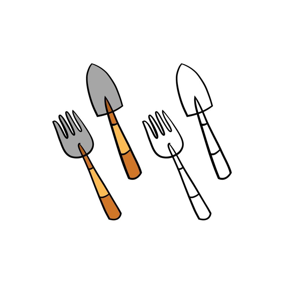 vecteur illustration pour votre conception. coloré et noir ligne contour. jardin ensemble. outils. fourchette et pelle