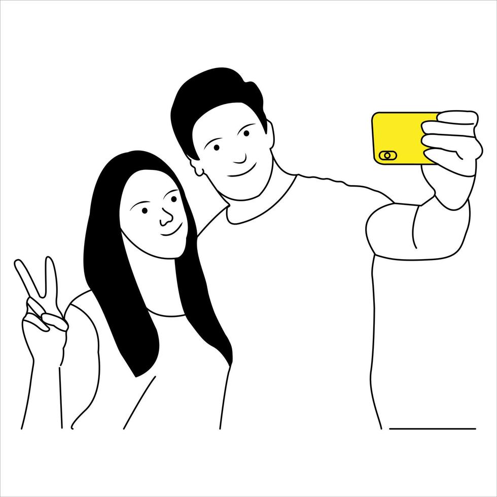 esquisser de Jeune couple prise image avec mobile téléphone. vecteur