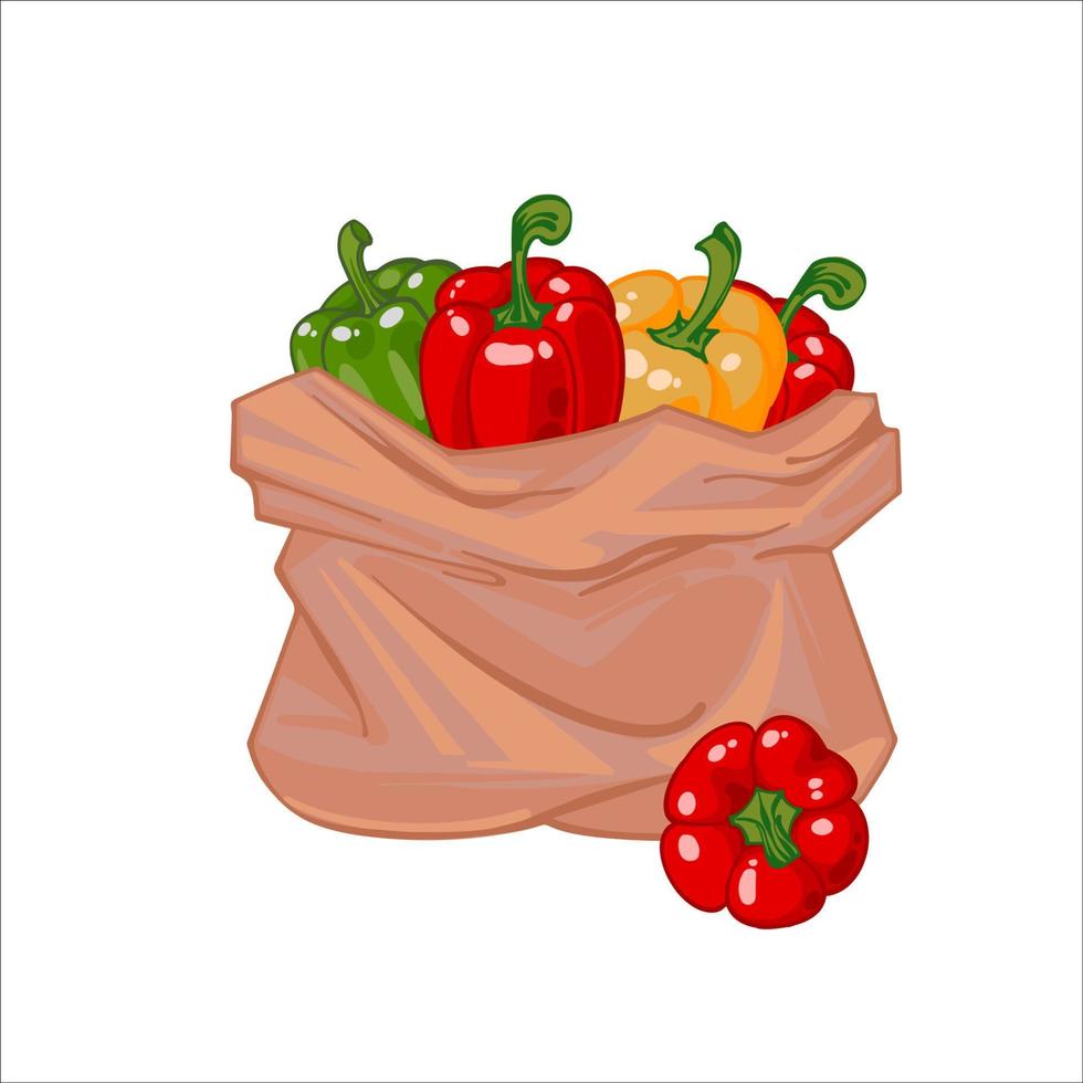 papier sac plein de rouge, vert, Jaune sucré poivrons. cloche poivre dans une Toile sac. biologique des légumes. main tiré vecteur illustration isolé sur blanc Contexte. Icônes Sacs avec des légumes.