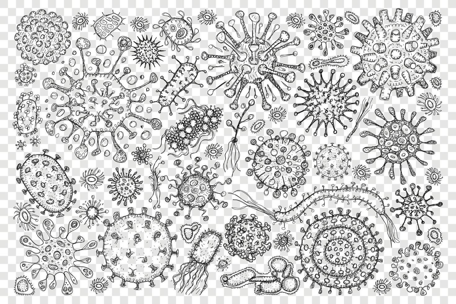 les bactéries virus molécule griffonnage ensemble. collection de main tiré divers microbe les bactéries molécules de différent formes et tailles dans microbiologie isolé sur transparent Contexte vecteur