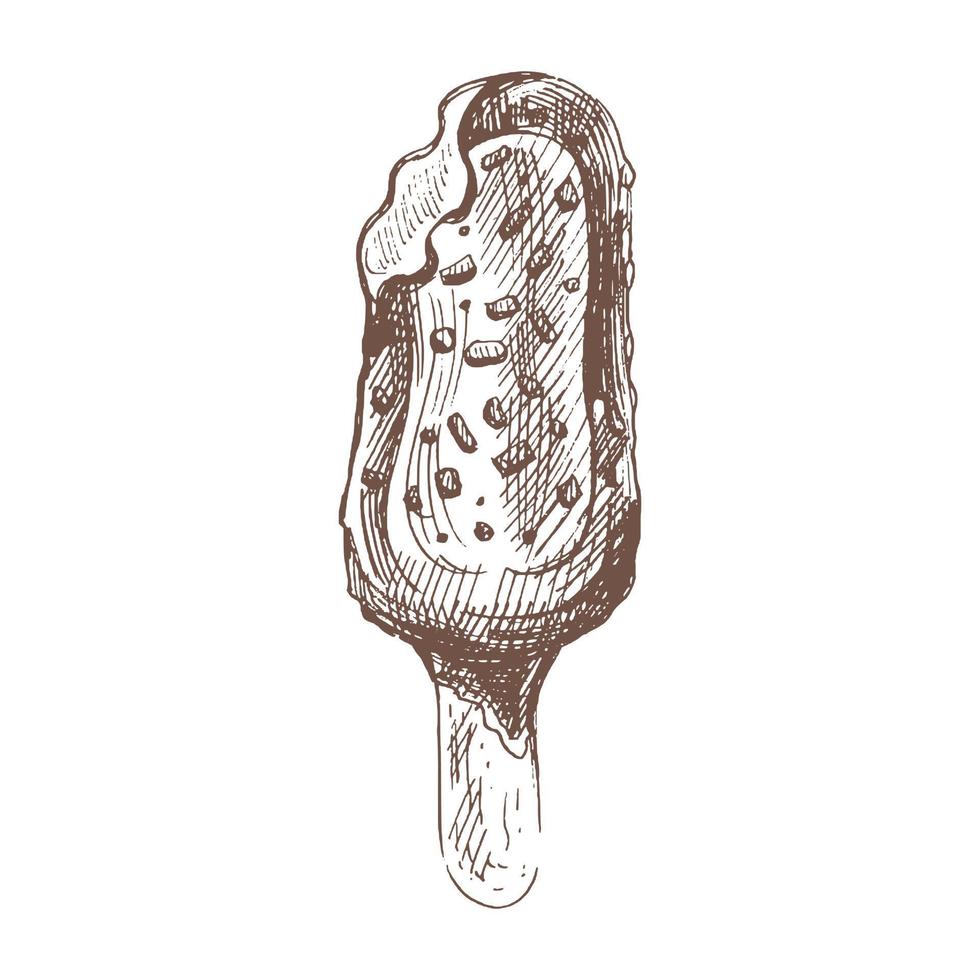 une dessiné à la main esquisser de la glace crème, popsicle sur une bâton dans Chocolat. ancien illustration. élément pour le conception de Étiquettes, emballage et cartes postales. vecteur