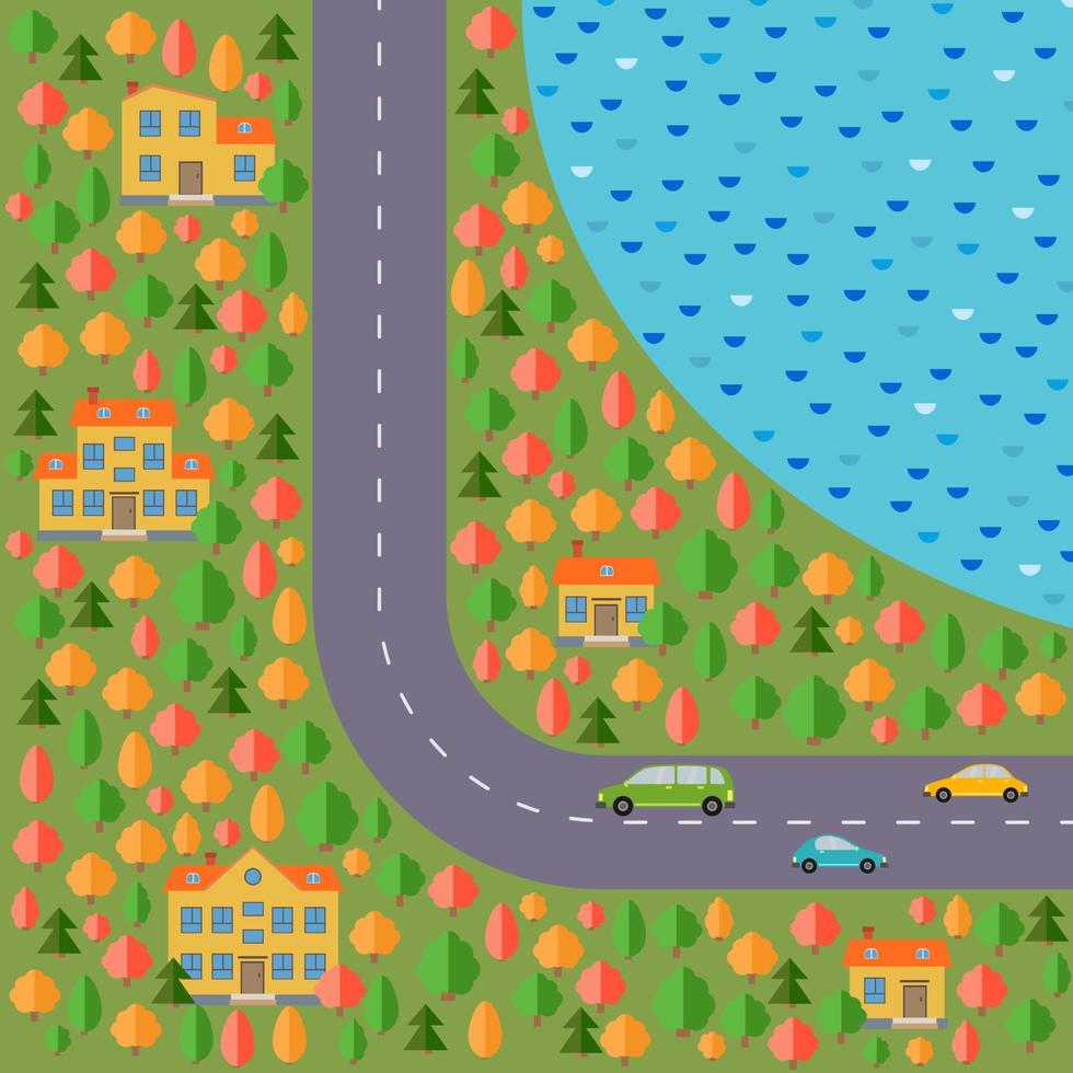 plan de village. paysage avec le route, forêt, lac, Trois voitures et cinq Maisons. vecteur illustration