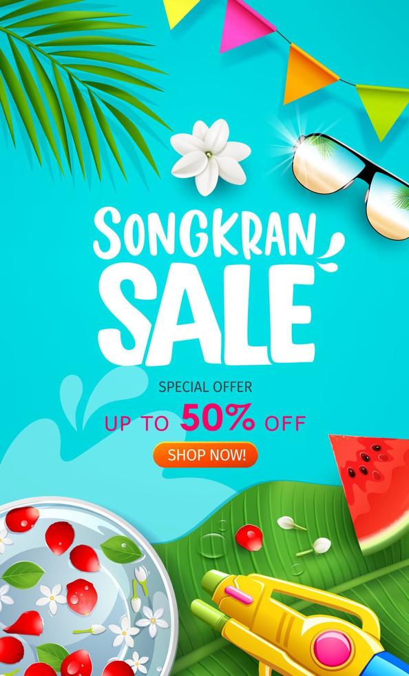 Songkran vente l'eau Festival Thaïlande, Rose pétales dans bol sur banane feuille, l'eau pistolet et pastèque affiche prospectus sur bleu arrière-plan, eps dix vecteur illustration