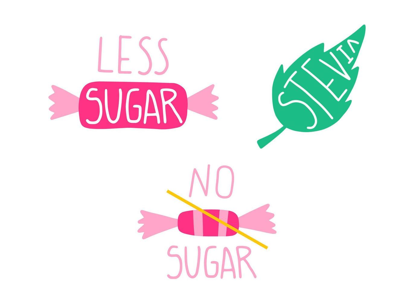 Moins sucre, édulcorant, stévia. non ajoutée sucre. en bonne santé nourriture concept Icônes ensemble. vecteur
