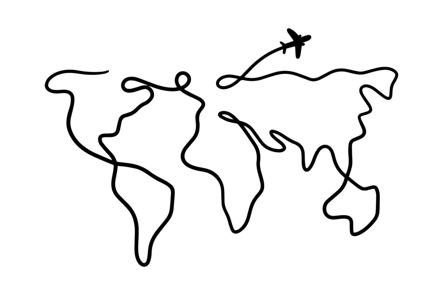carte du monde doodle. ligne minimale de silhouette continentale mince. illustration vectorielle vecteur