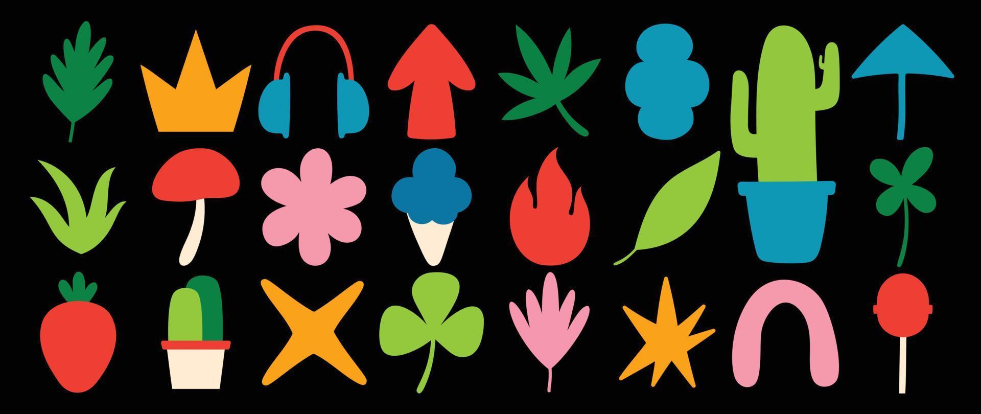 abstrait nuage et fleur formes vecteur ensemble. feuille, champignon, bonbons, flèche, cactus, couronne dans branché rétro Années 70 dessin animé style. sensationnel contemporain esthétique vecteur élément pour logo, décoration, autocollant.