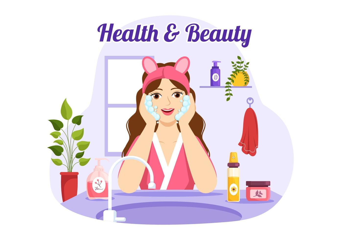 beauté et santé illustration avec Naturel produits de beauté et éco des produits pour problématique peau ou traitement visage dans femmes dessin animé main tiré modèles vecteur