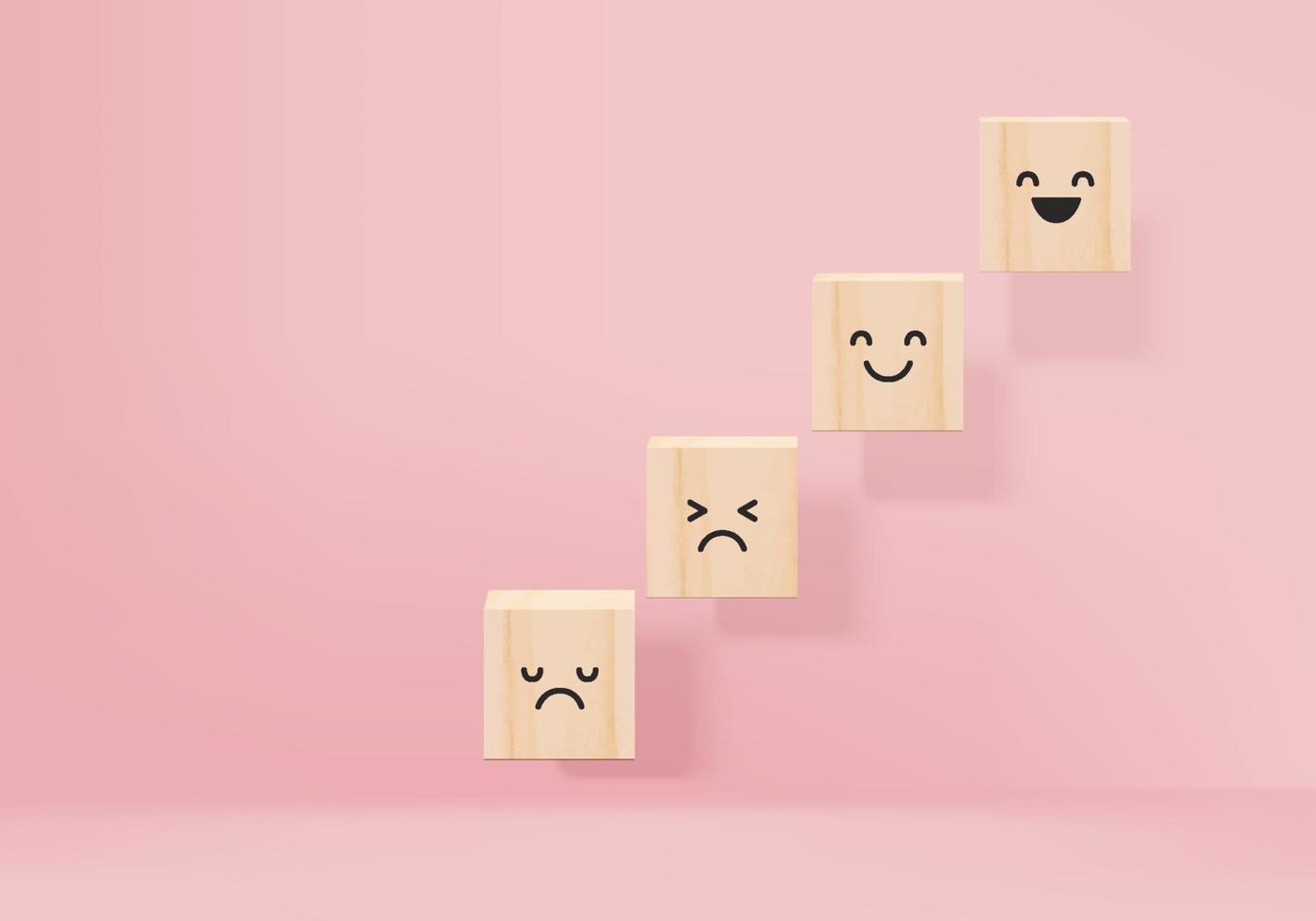 Vecteur de rendu 3D pour l'évaluation du service client et les concepts d'enquête client a choisi le visage souriant sur un cube en bois rendu 3d à heureux. heureux fond de studio pastel rose.