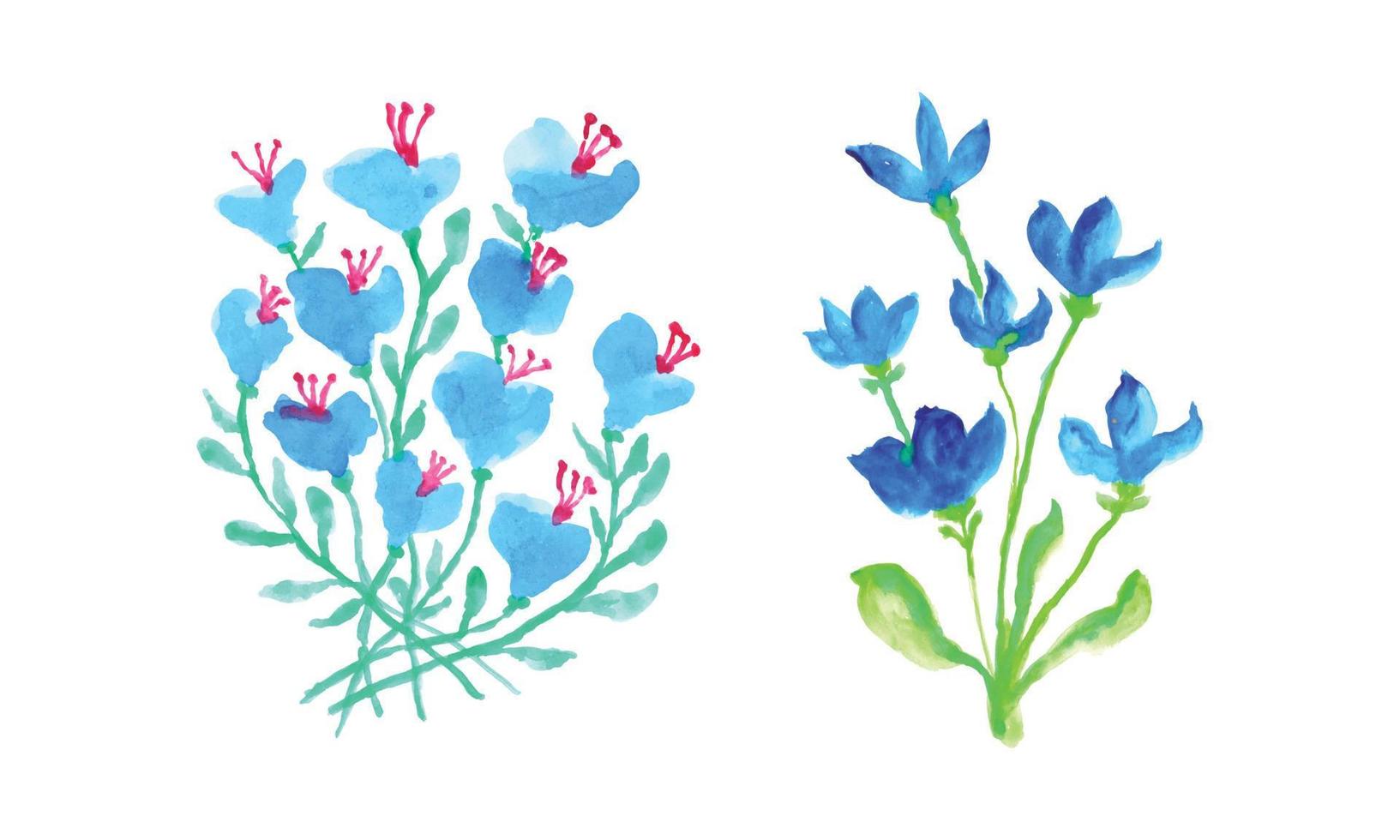 une aquarelle La peinture de bleu fleurs et vert feuilles. ensemble de bleu fleurs sur une blanc Contexte vecteur