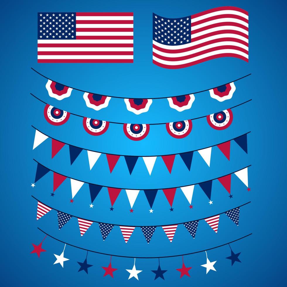 nous Mémorial jour, patriote fier étiqueter, américain drapeau et nationale symboles, uni États de Amérique patriotique emblèmes vecteur ensemble. nationale indépendance journée 4e juillet badges