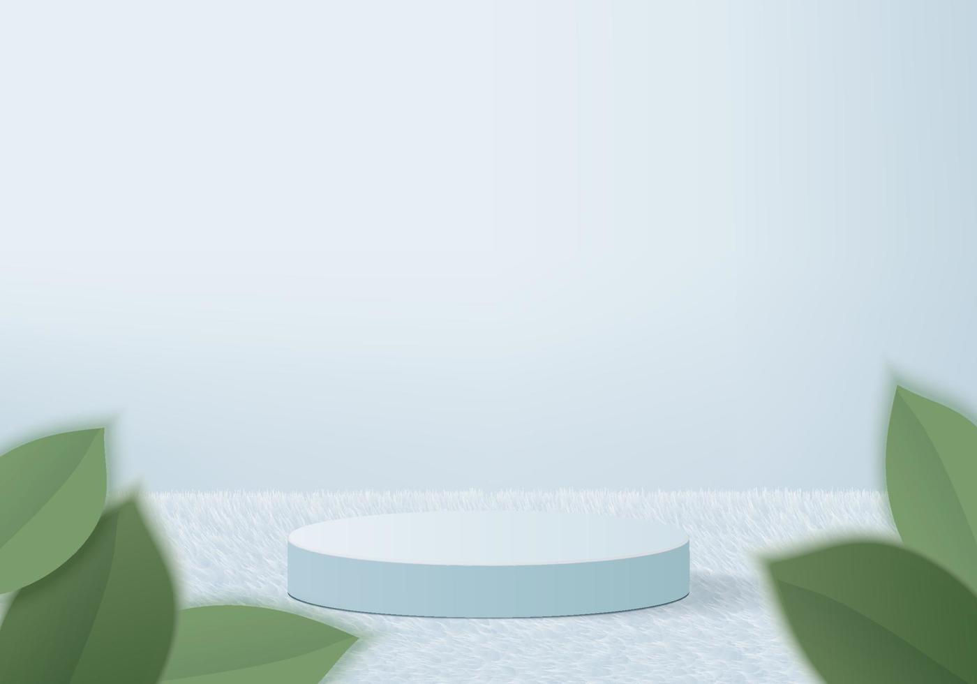 Les produits de fond 3D affichent une scène de podium avec une plate-forme géométrique de feuille verte. rendu 3d de vecteur de fond avec podium. stand pour montrer des produits cosmétiques. Vitrine sur socle studio bleu affichage