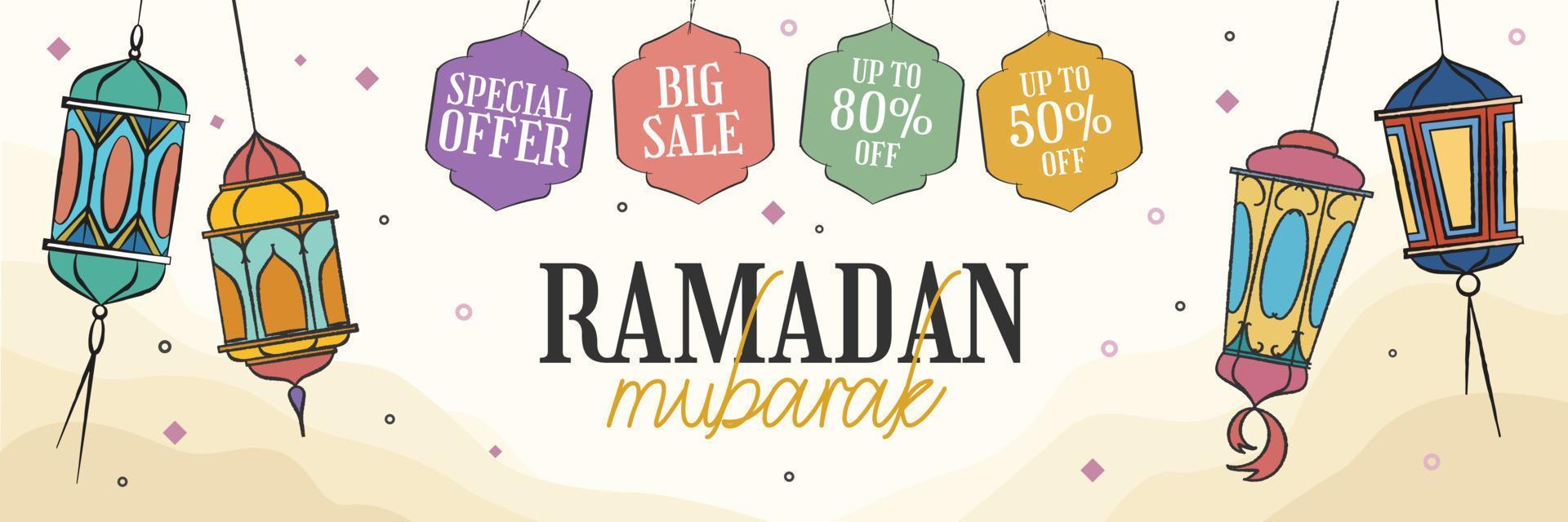 coloré ramadhan vente bannière avec fanoos lanterne décoration vecteur