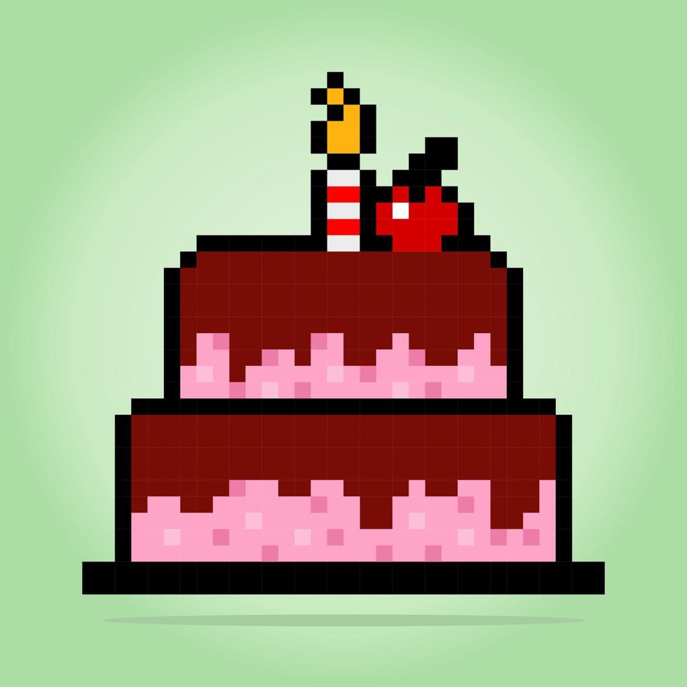 Gâteau d'anniversaire pixel 8 bits. aliment pour les actifs de jeu en illustration vectorielle. vecteur