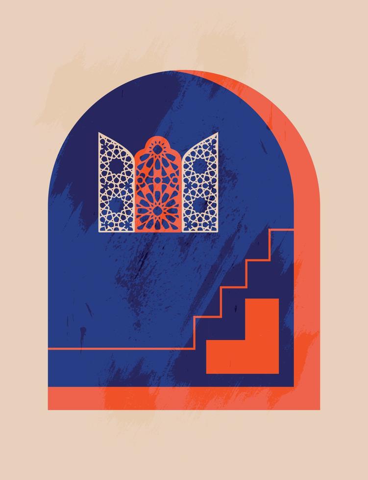 moderne et minimaliste boho conception. marocain scène. une marocain des portes, les fenêtres et traditionnel artisanat. terre cuite Contexte. vecteur illustration.