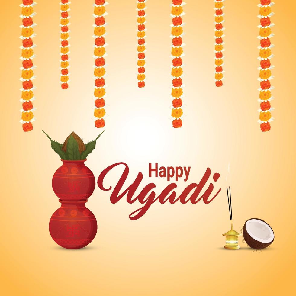 joyeux festival indien ugadi carte de voeux et fond avec kalash vecteur