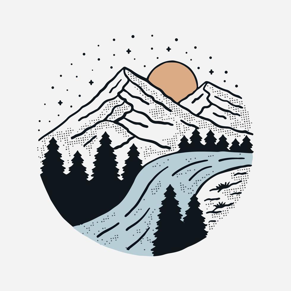 le montagnes et rivière. camping emblème graphique. parfait pour tee-shirts, vêtements et autre marchandise vecteur