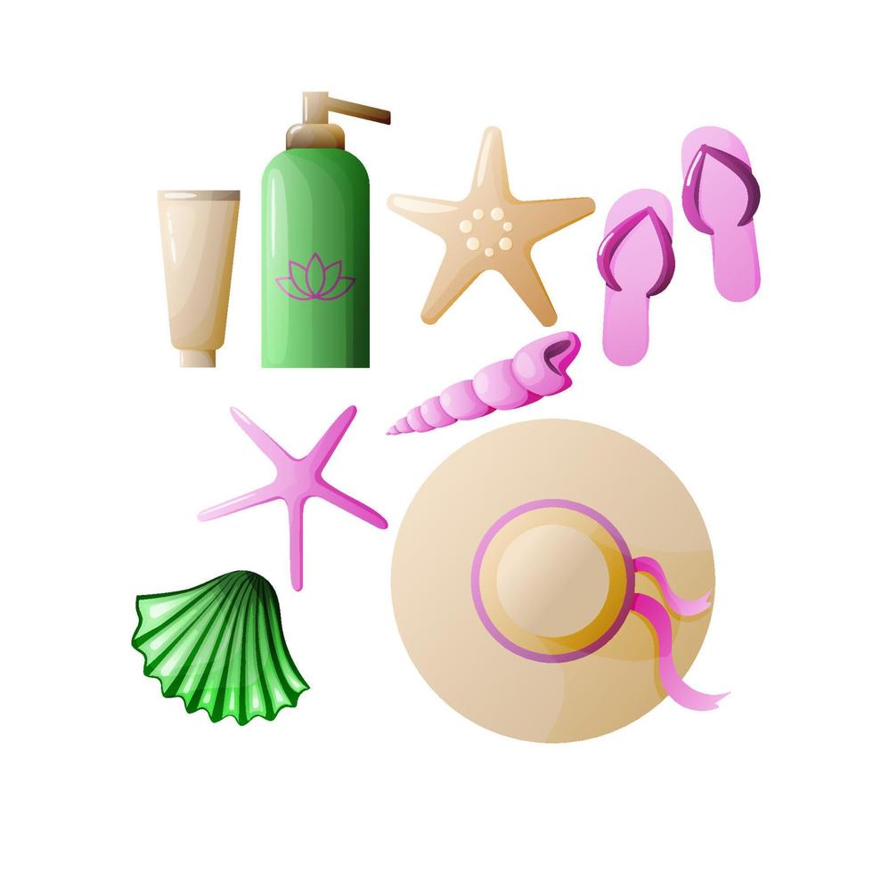 ensemble de été plage objets. paille chapeau, tongs, chaussons, coquilles, étoile de mer, crème solaire. vecteur illustration dans une plat style.