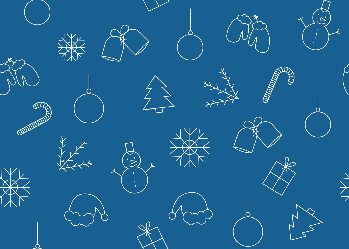vecteur illustration de Nouveau année et Noël sans couture modèle avec bonhomme de neige, Mitaines, Père Noël claus chapeau, cloches, cadeau, sucette, Noël balle, flocon de neige sur bleu Contexte