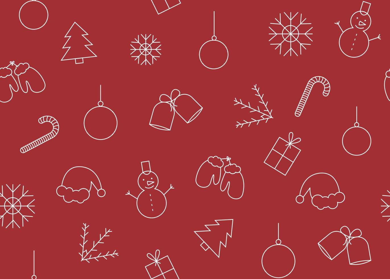 vecteur illustration de Nouveau année et Noël sans couture modèle avec bonhomme de neige, Mitaines, Père Noël claus chapeau, cloches, cadeau, sucette, Noël balle, flocon de neige sur rouge Contexte