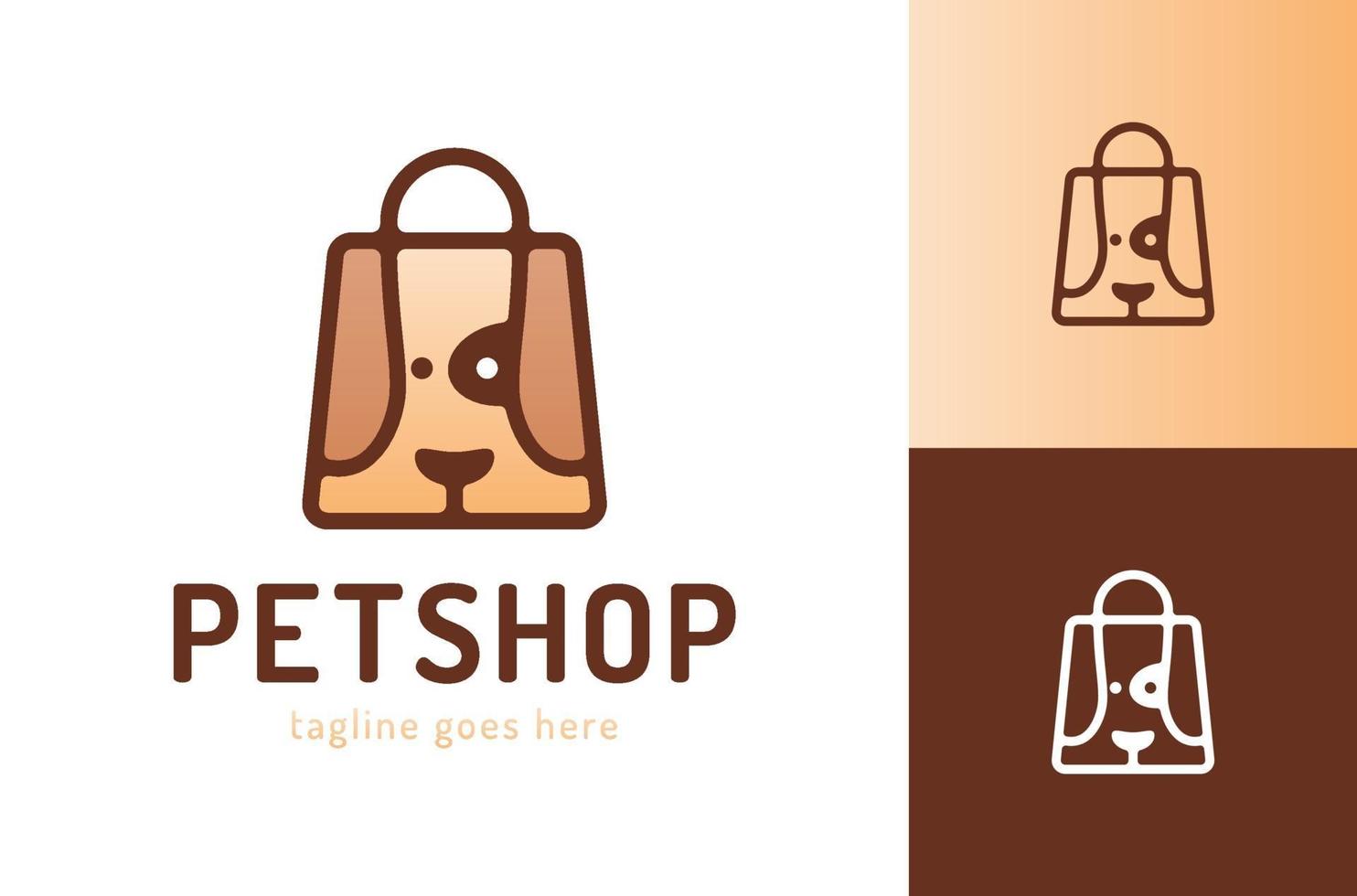 sac à provisions avec chien animalerie logo vecteur symbole animalerie logotype moderne animal icône étiquettes pour magasins et sacs, cliniques vétérinaires, hôpitaux illustration plat fond avec tête de chien