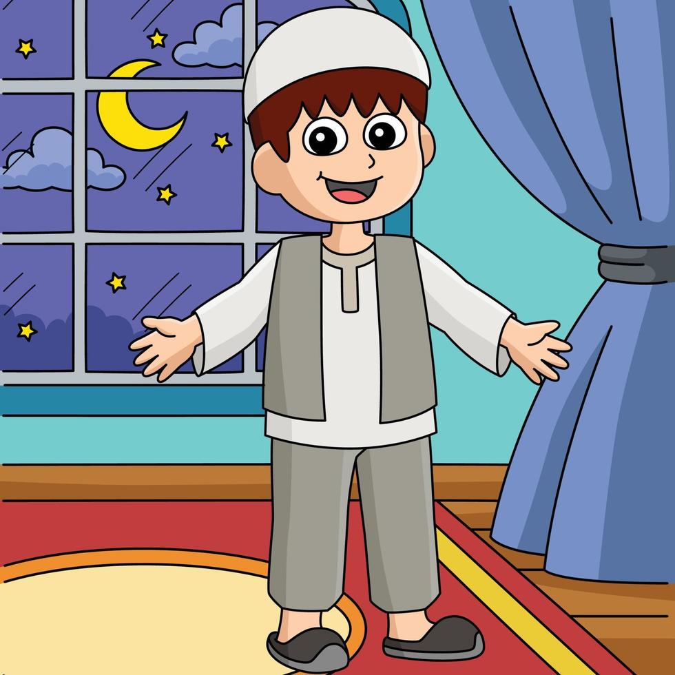 Ramadan content musulman garçon coloré dessin animé vecteur
