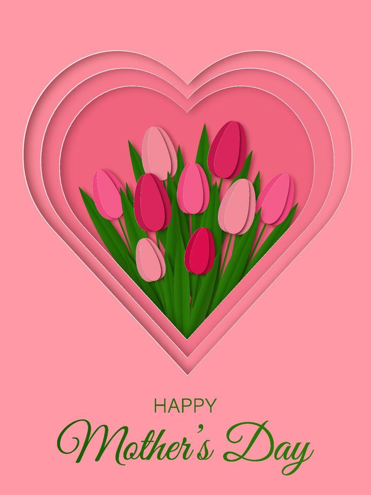 content de la mère journée salutation carte. magnifique tulipes sur rose cœur forme Contexte. vecteur