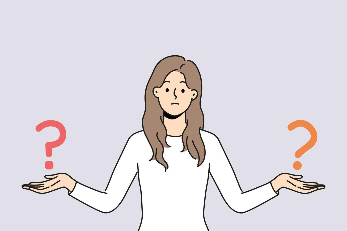 confus femme avec question Des marques sur mains faire décision. incertain fille ressentir frustré comparant différent les options ayant dilemme. vecteur illustration.