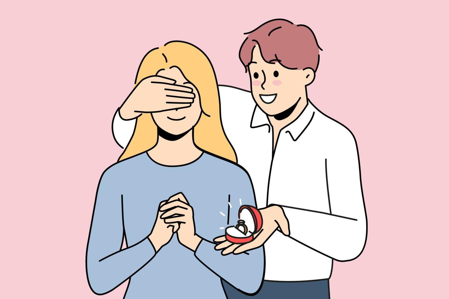 aimant homme proche excité femme yeux faire mariage proposition. souriant gars surprise fille avec engagement anneau. désherbage et relation. vecteur illustration.