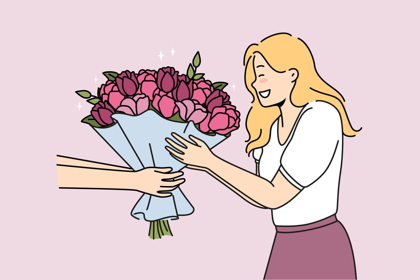 excité femme avoir fleurs de courrier ou livreur. souriant fille recevoir floral bouquet pour anniversaire pr anniversaire. vecteur illustration.