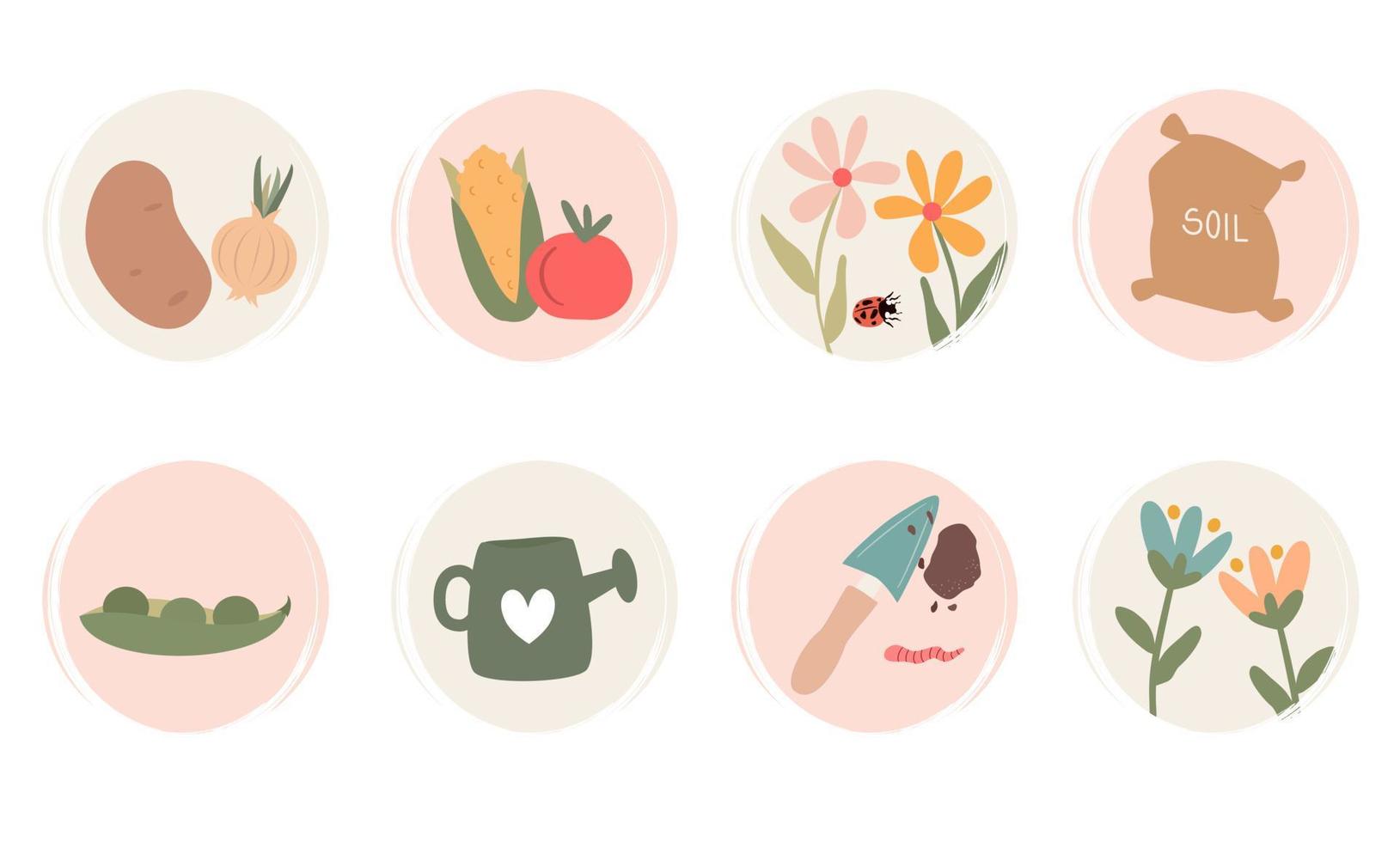 vecteur ensemble de logo conception modèles, Icônes et badges pour social médias surligner avec mignonne végétaux, fleurs, des légumes et jardinage éléments