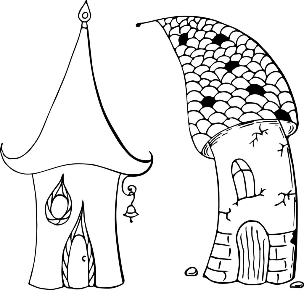 maison fabuleux enfants gnome de bonne humeur et triste, contour noir main dessin monochrome. vecteur