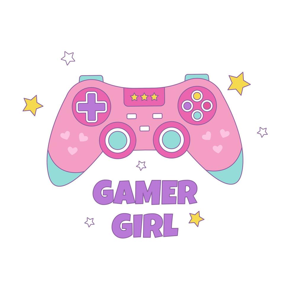 coloré conception pour joueur fille avec rose manette de jeu, étoiles et un une inscription. mignonne vecteur illustration dans kawaii style