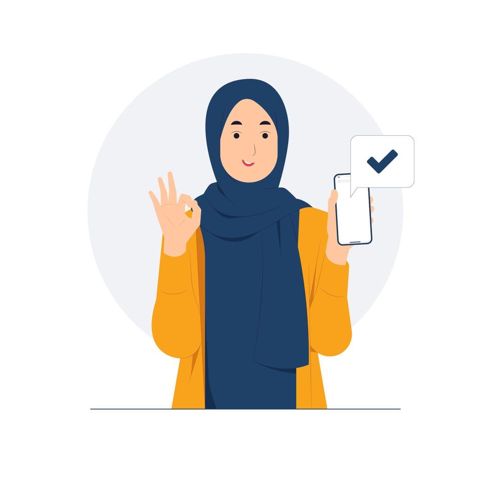 musulman femme avec approuvé geste D'accord signe, permanent et en portant mobile intelligent téléphone, montrant les pouces en haut concept illustration vecteur