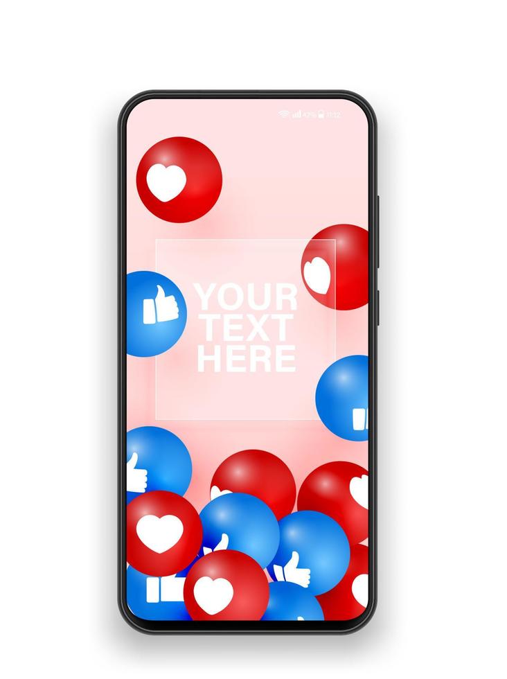 mobile téléphone aime et cœur 3d réaliste vecteur illustration. noir téléphone intelligent de face voir. social médias app concept. mmm, bloguer. Téléphone avec comme et cœurs vecteur illustration.