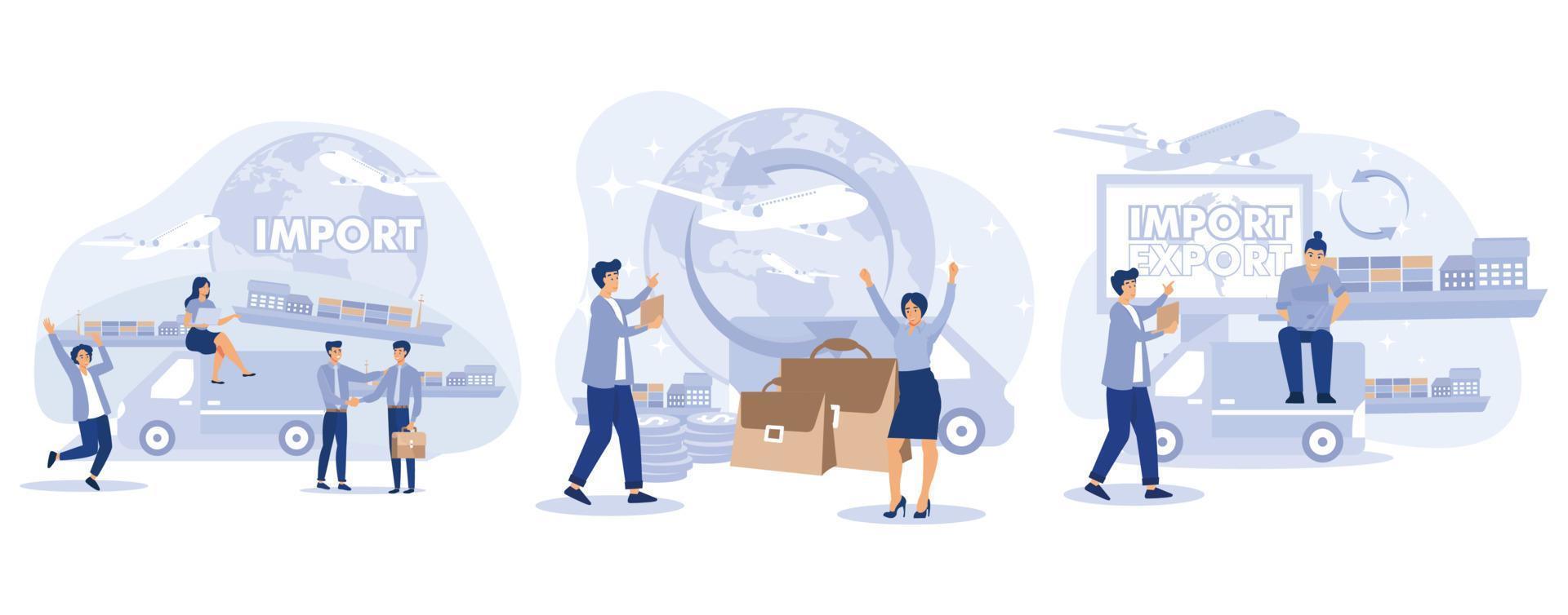 importer et exportation concept. global commerce. logistique entreprise. minuscule gens homme d'affaire vente des biens et prestations de service mondial, ensemble plat vecteur moderne illustration