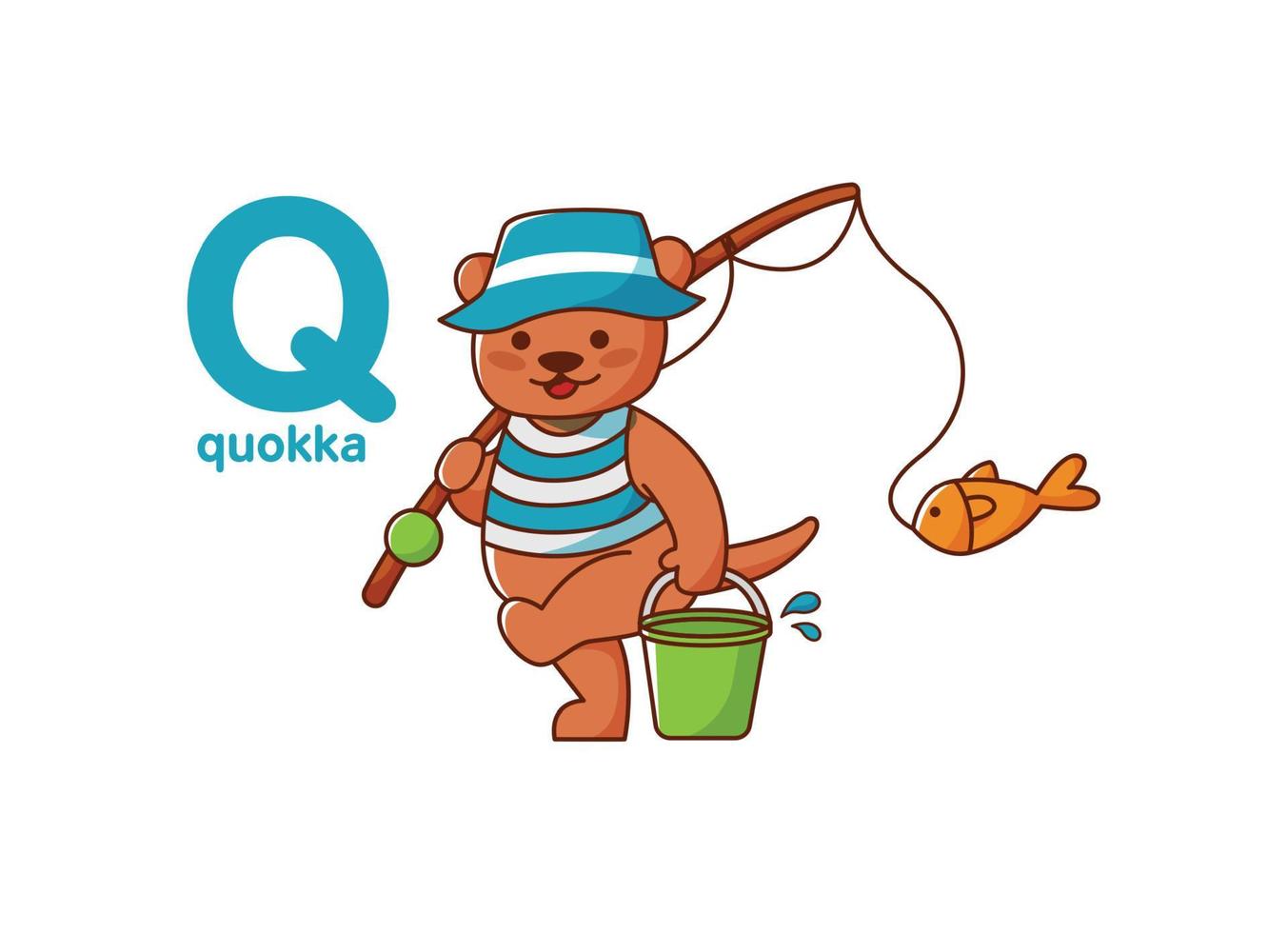 quokka est une pêcheur. mignonne animal avec une pêche barre et poisson. vecteur illustration alphabet