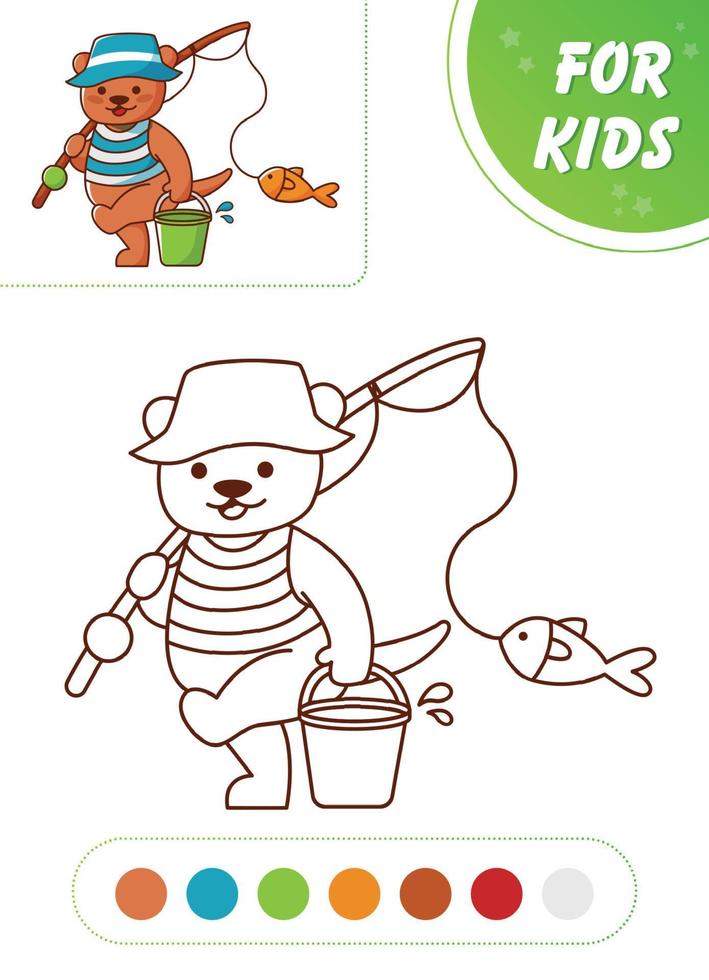 quokka est une pêcheur. mignonne animal avec une pêche barre et poisson. vecteur illustration coloration livre pour les enfants