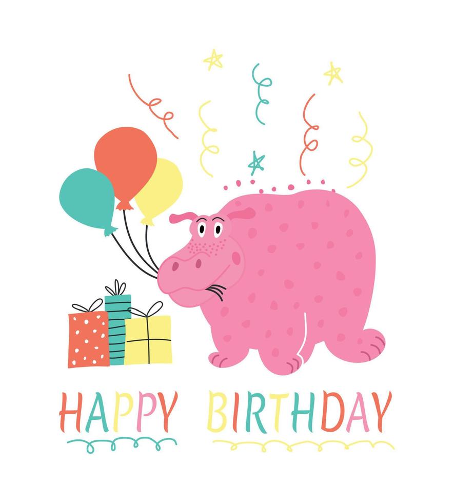 illustration avec rose hippopotame, des ballons, cadeaux. illustration salutation carte avec hippopotame content anniversaire. content anniversaire salutation carte vecteur