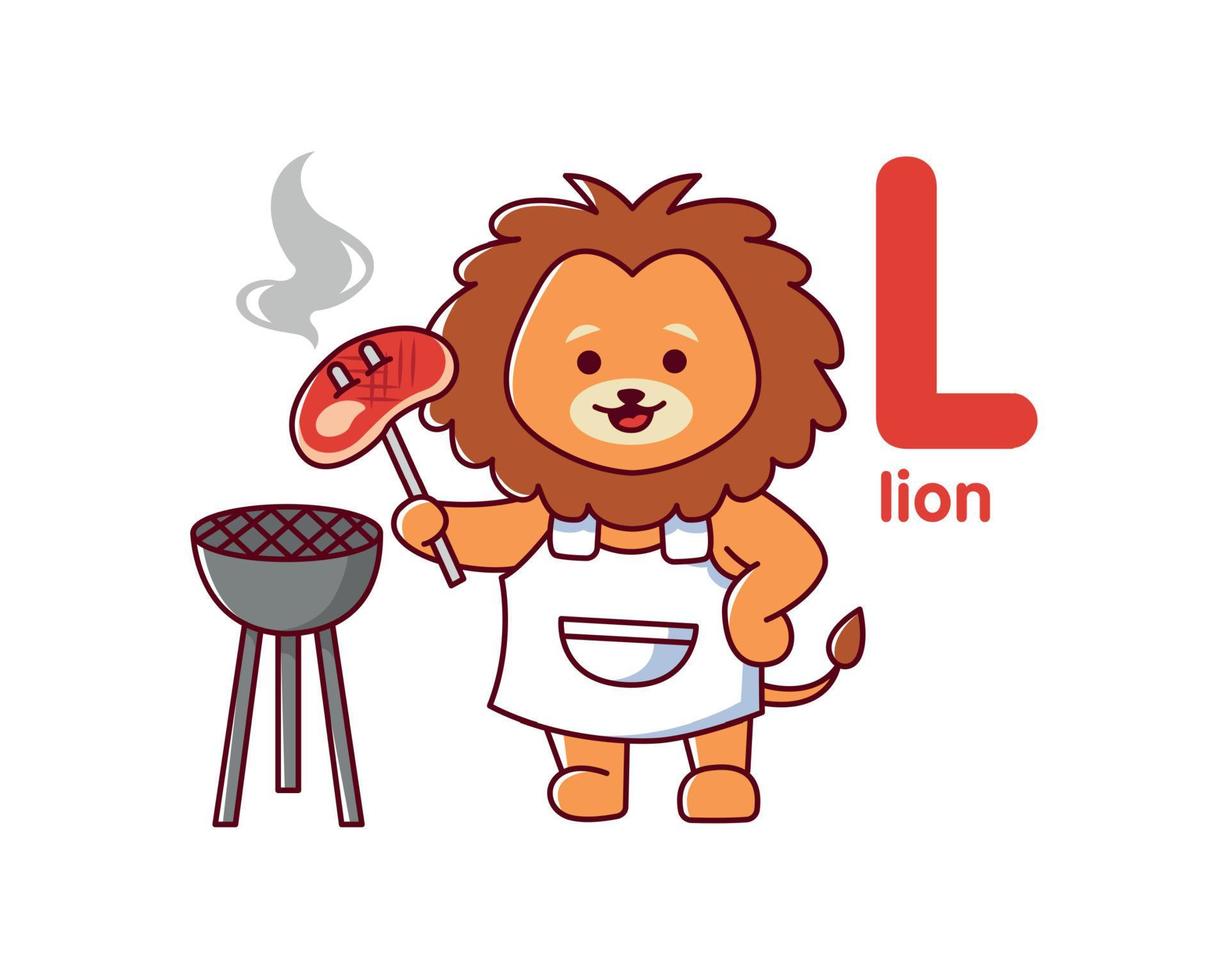 une Lion rôtis une steak. barbecue avec sauvage animal. mignonne animal. vecteur illustration alphabet