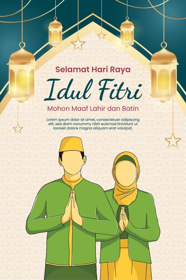 main tiré eid Al fitr avec d'or lanterne et ornement islamique Ramadan modèle vecteur