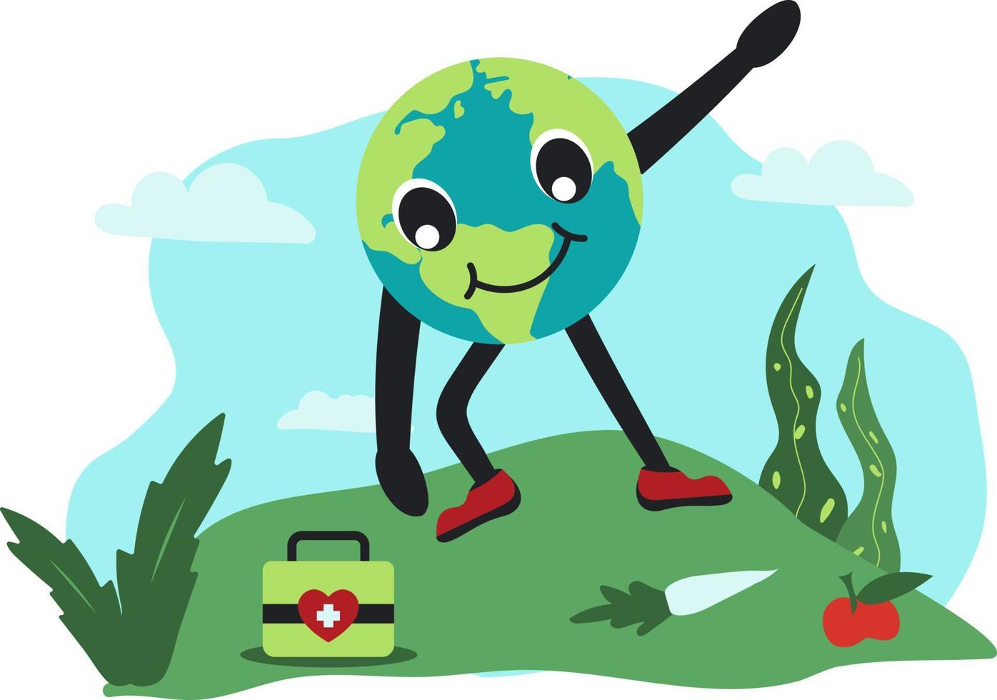 monde santé journée - Terre personnage Faire exercice dans la nature avec médical trousse vecteur