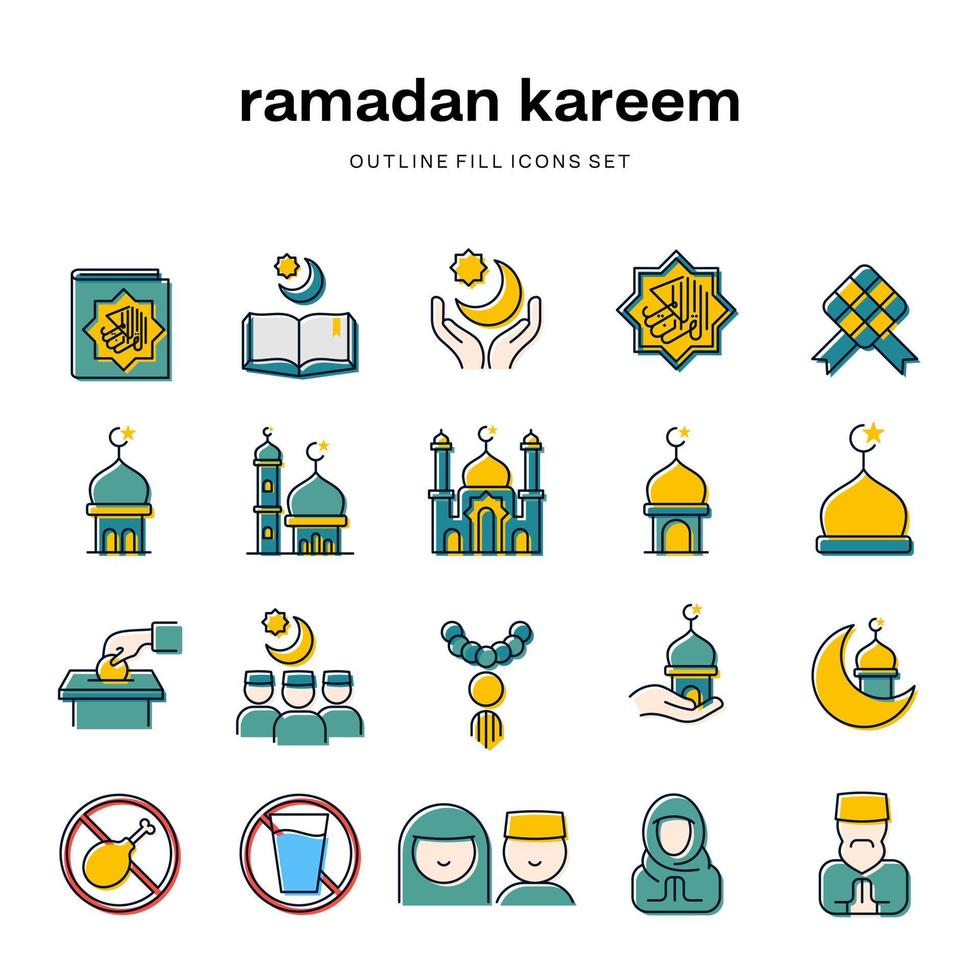 Ramadan kareem contour remplir Couleur icône collection vecteur