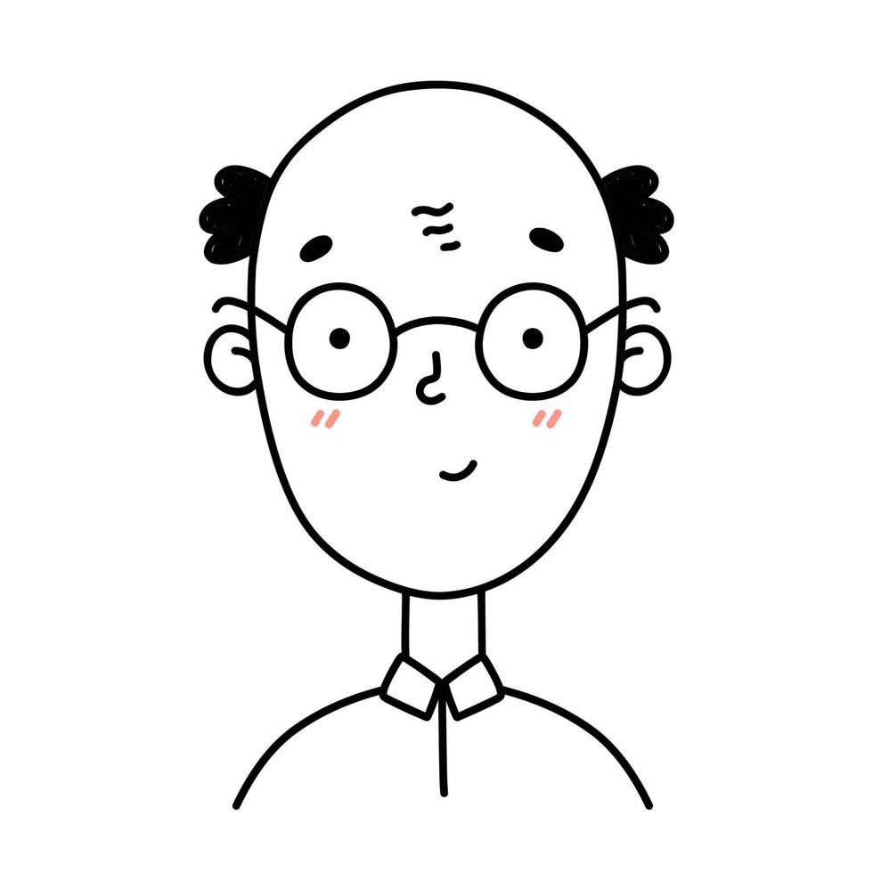 mignonne portrait de une homme avec des lunettes isolé sur blanc Contexte. dessin animé personnage. vecteur dessiné à la main illustration dans griffonnage style. parfait pour social médias, avatars, logo, divers conceptions.