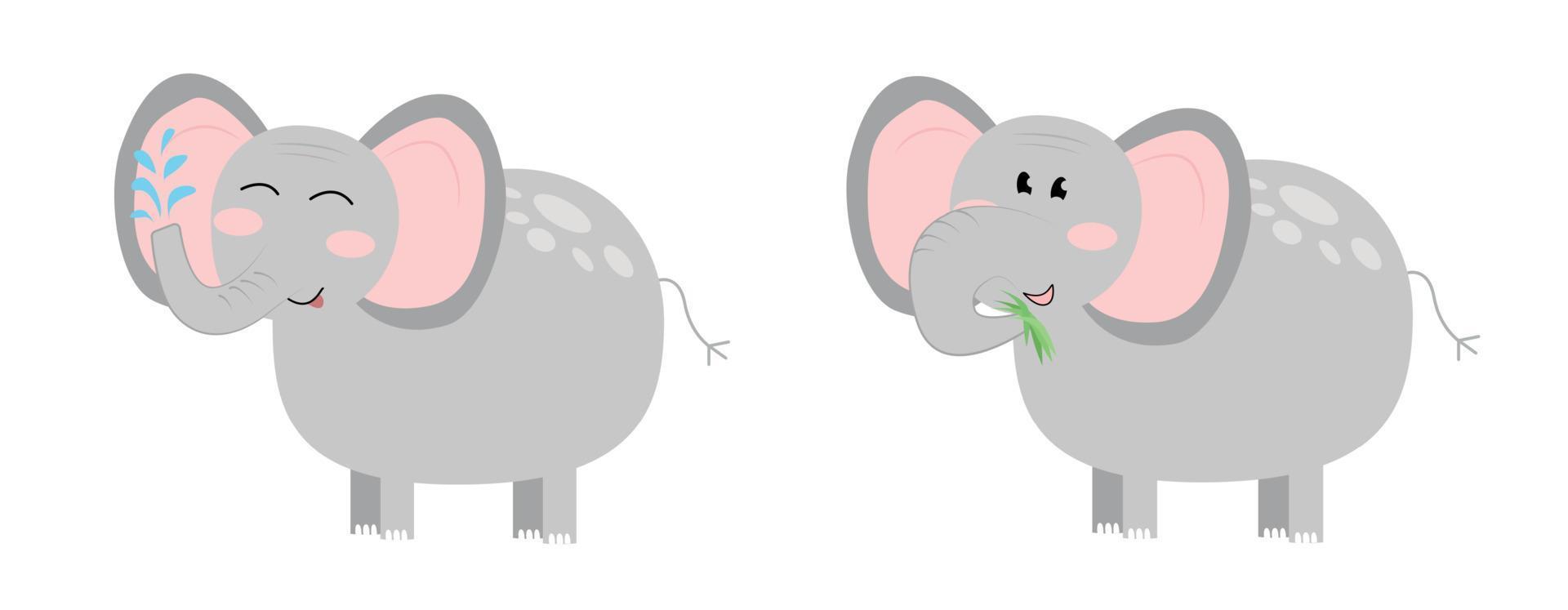 deux éléphants sur une blanc Contexte. le l'éléphant est éclabousser l'eau. le l'éléphant est en mangeant herbe. vecteur illustration.